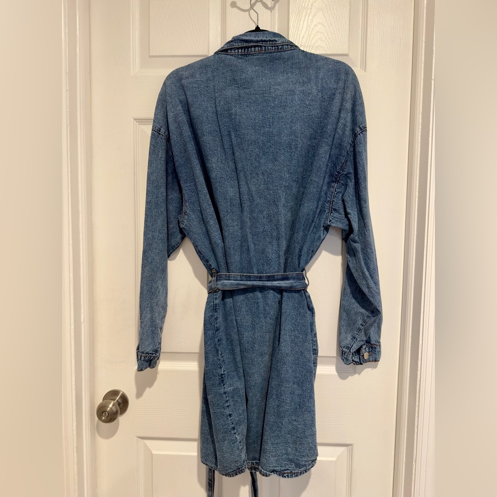 PrettyLittleThing Denim Shirt Dress Belted Button Front Blue Mini Dress Size 16 - Picture 3 of 8